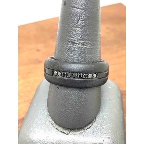 Men's Wedding Band Tungsten Steel Black Gemstones 9mm Wide Ring Size 10 - Picture 7 of 14